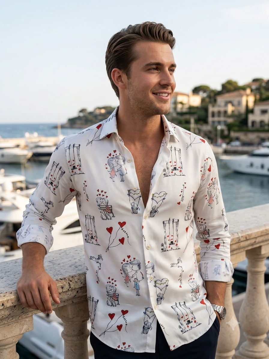 Shirt Fabric Raymond Regio Italia 100% Silk Digital Romantic Couple Doodle Sketch Print Colour Grey and White