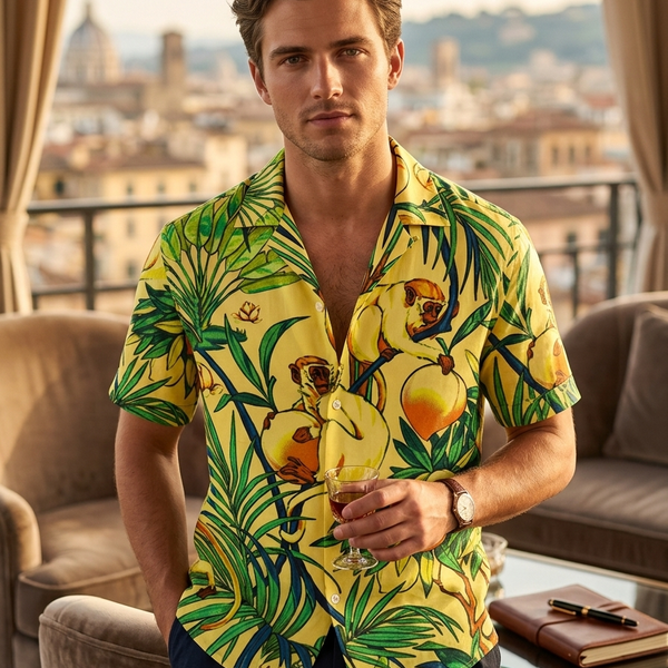 Shirt Fabric Raymond Regio Italia Super 137/2s Giza Cotton Palm motif Printed Colour Lemon Yellow