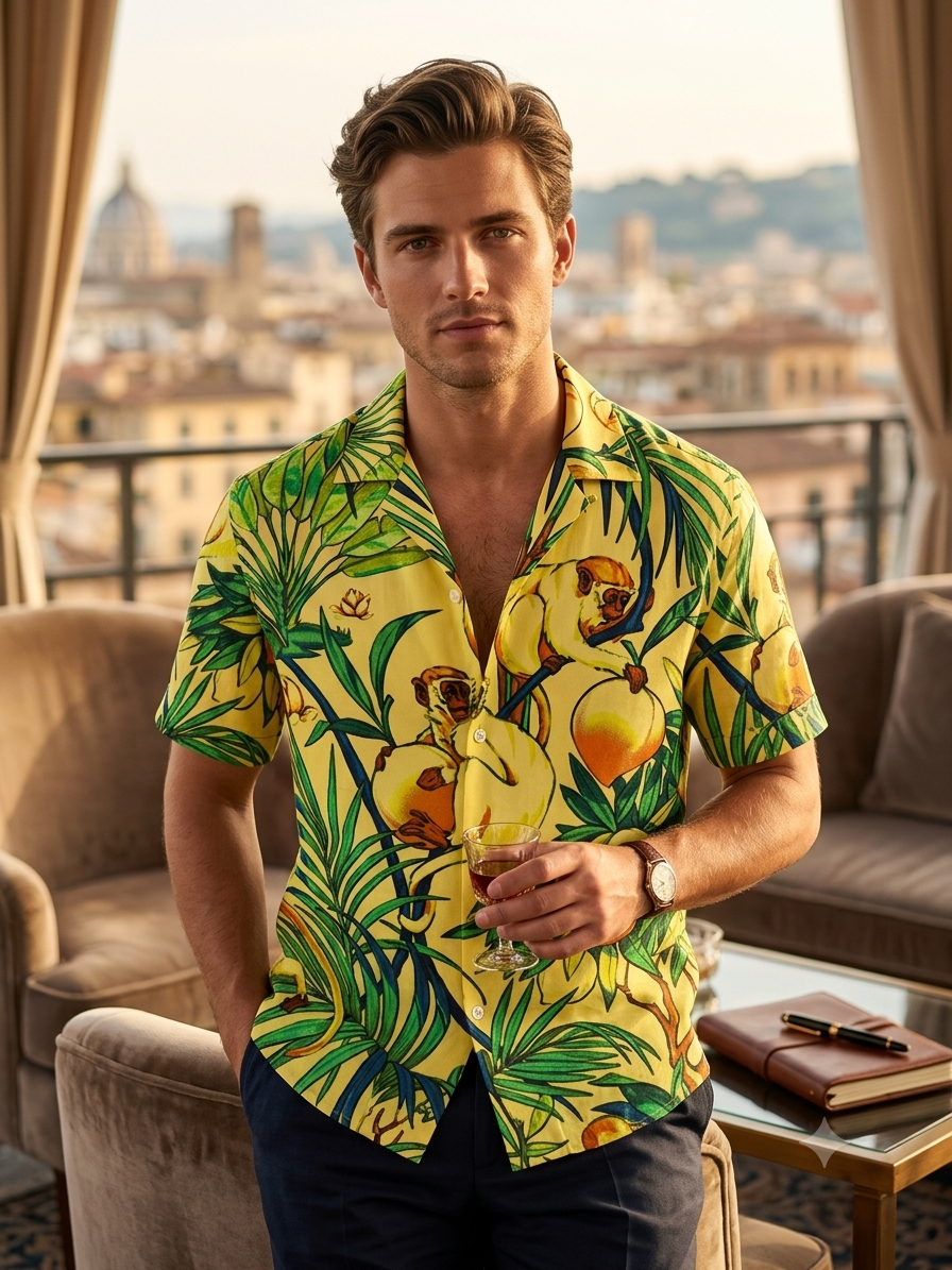 Shirt Fabric Raymond Regio Italia Super 137/2s Giza Cotton Palm motif Printed Colour Lemon Yellow