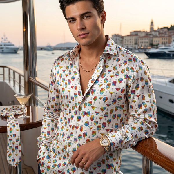 Shirt Fabric Raymond Regio Italia 100% Silk wine, martini, cocktail glassware Print Colour Rainbow