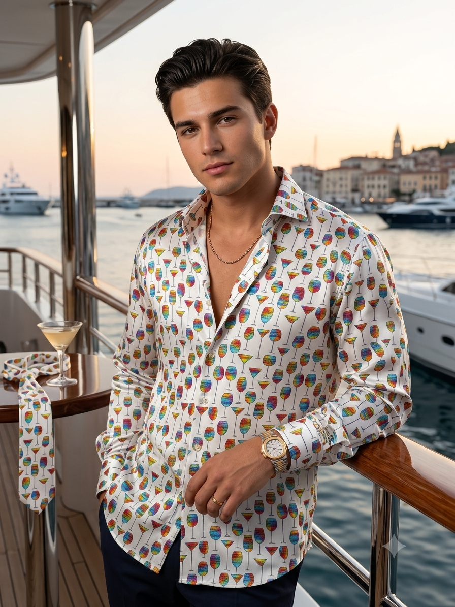 Shirt Fabric Raymond Regio Italia 100% Silk wine, martini, cocktail glassware Print Colour Rainbow