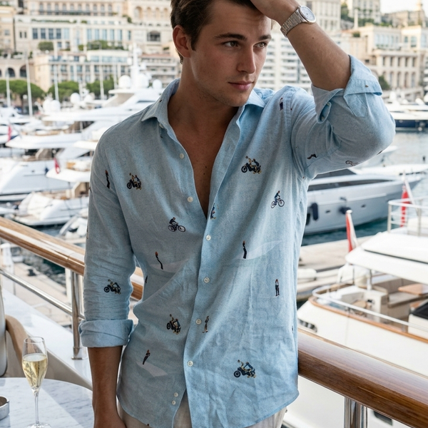 Shirt Fabric Raymond Regio Italia 100% Silk Beach/Lifestyle Scene Digital Print Colour water blue