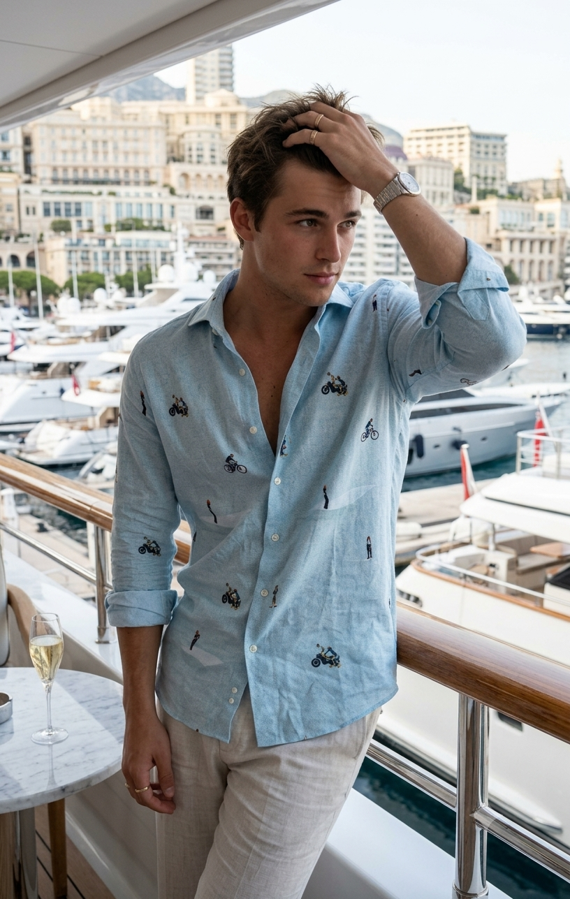 Shirt Fabric Raymond Regio Italia 100% Silk Beach/Lifestyle Scene Digital Print Colour water blue
