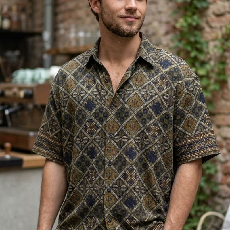Shirt Fabric Raymond Regio Italia 100% Silk Digital Batik Cep lok Print Colour Soga Green