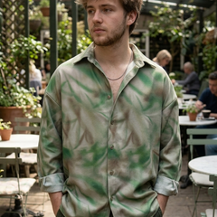 Shirt Fabric Raymond Regio Italia 100% Silk Digital Blur Camouflage Print Colour Grass Green N Off White