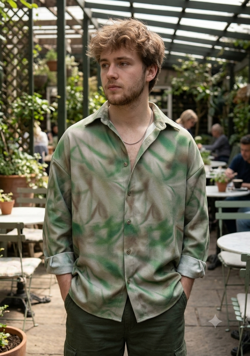 Shirt Fabric Raymond Regio Italia 100% Silk Digital Blur Camouflage Print Colour Grass Green N Off White