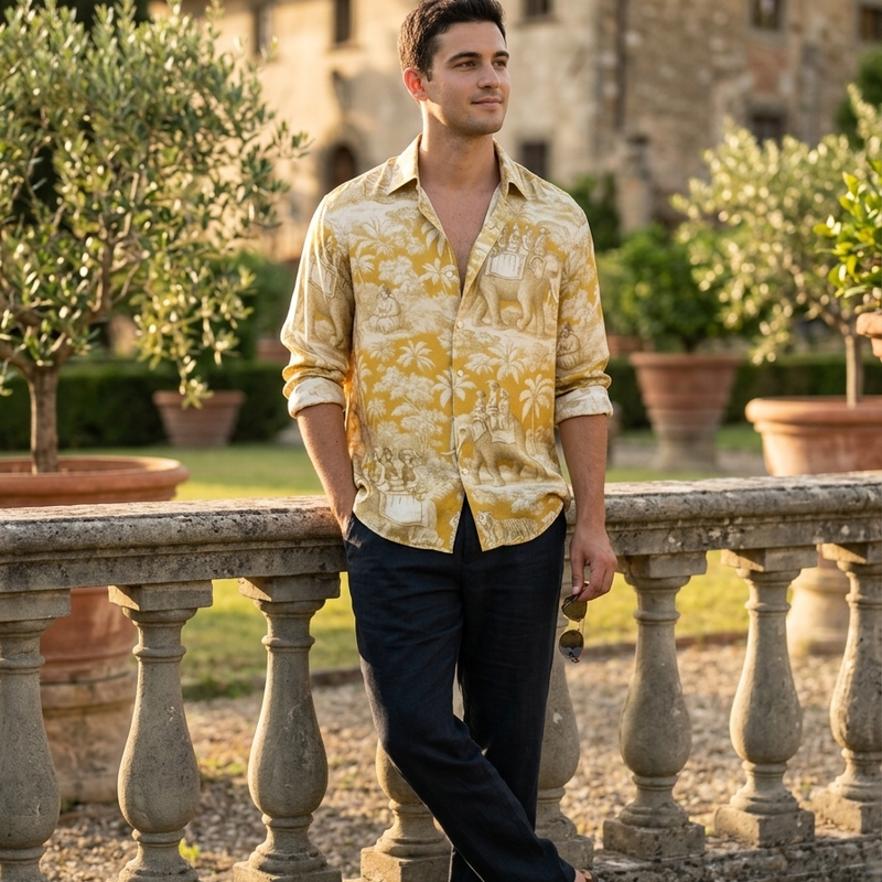 Shirt Fabric Raymond Regio Italia 100% Silk Digital Toile de Jouy Print Colour Mustard Yellow