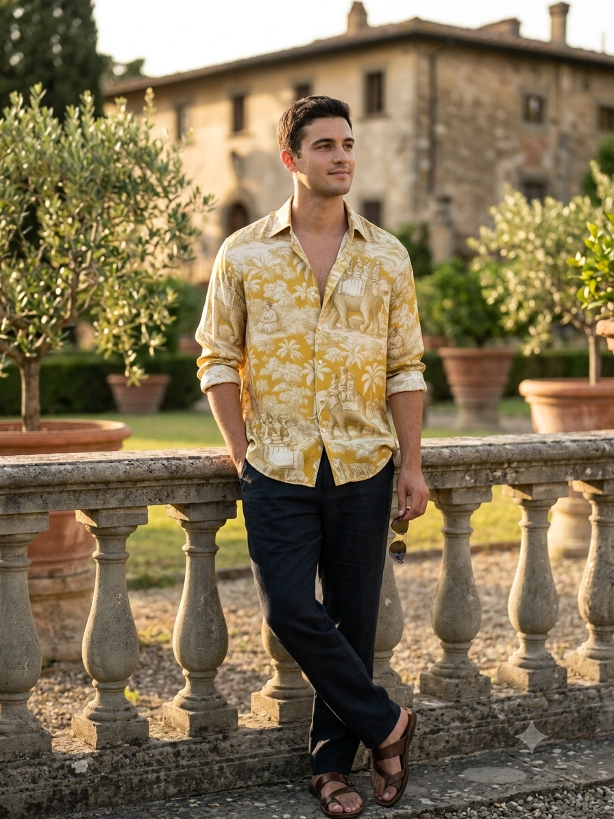 Shirt Fabric Raymond Regio Italia 100% Silk Digital Toile de Jouy Print Colour Mustard Yellow