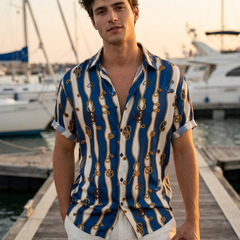 Shirt Fabric Raymond Regio Italia 100% Silk Digital Nautical Rope Print Colour Navy Blue N Tan Brown
