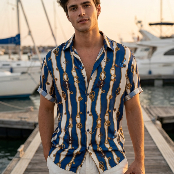 Shirt Fabric Raymond Regio Italia 100% Silk Digital Nautical Rope Print Colour Navy Blue N Tan Brown