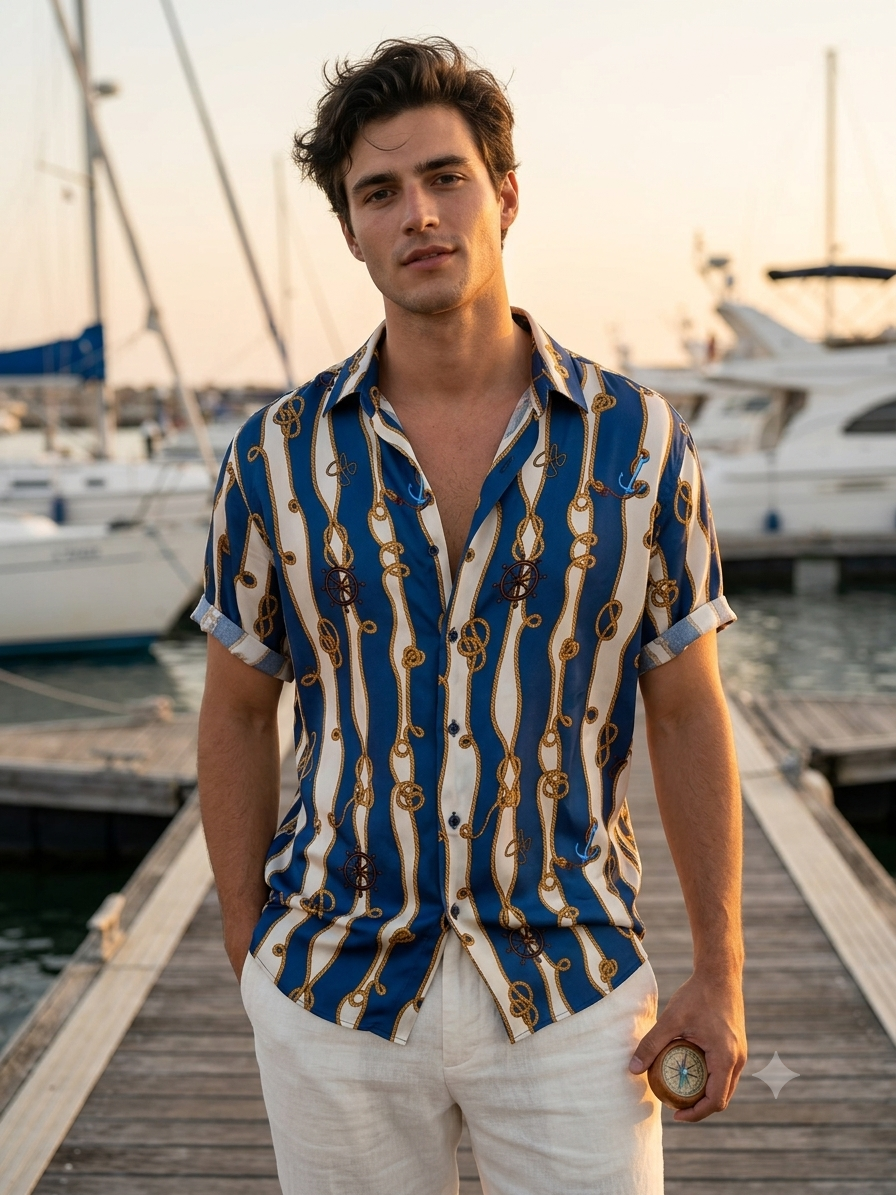 Shirt Fabric Raymond Regio Italia 100% Silk Digital Nautical Rope Print Colour Navy Blue N Tan Brown