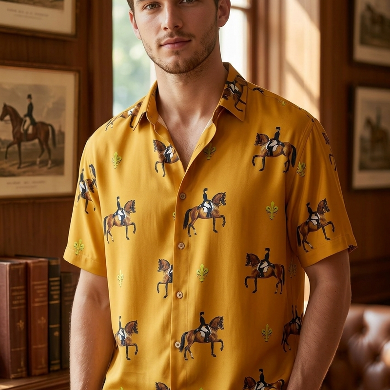 Shirt Fabric Raymond Regio Italia 100% Silk dressage horse riders Print Colur Mustard Yellow N Goldenrod