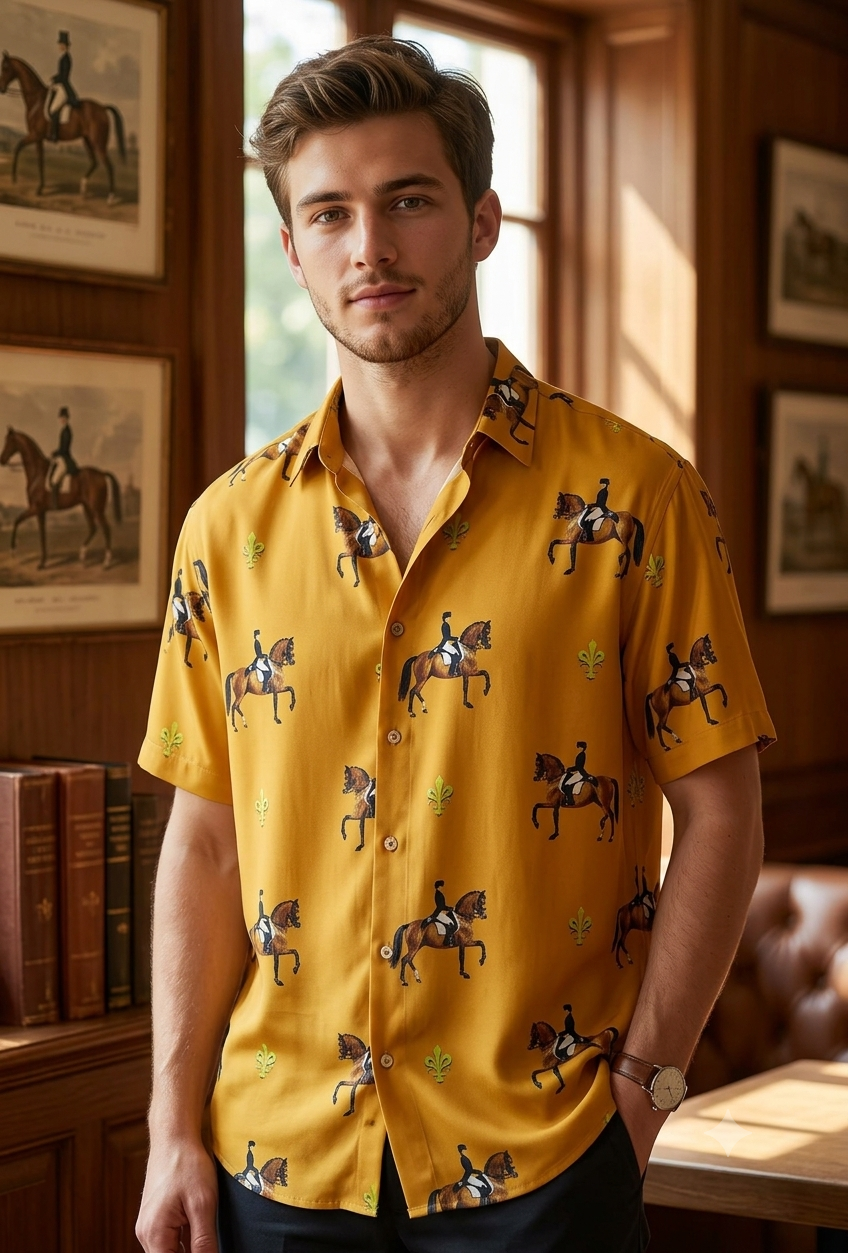 Shirt Fabric Raymond Regio Italia 100% Silk dressage horse riders Print Colur Mustard Yellow N Goldenrod