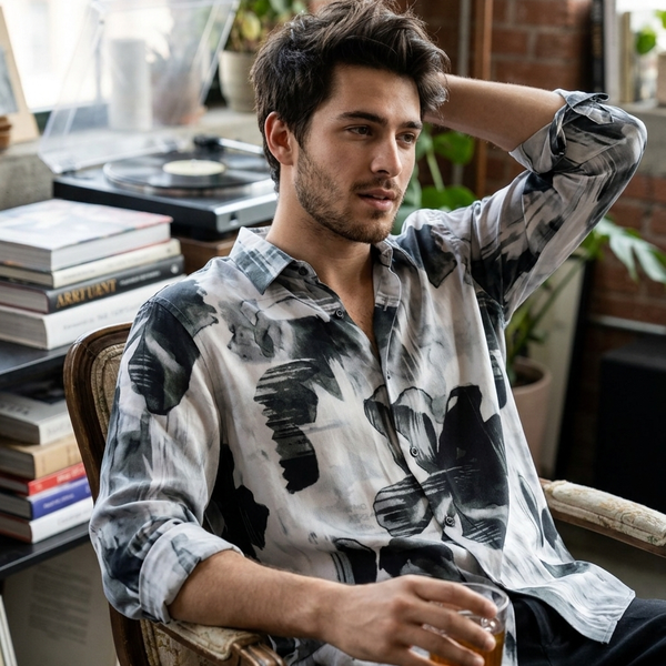 Shirt Fabric Raymond Regio Italia 100% Silk Nattglim Print Colur Muted Sage Green, Moody Gray N Off Black