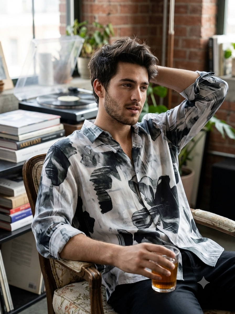 Shirt Fabric Raymond Regio Italia 100% Silk Nattglim Print Colur Muted Sage Green, Moody Gray N Off Black