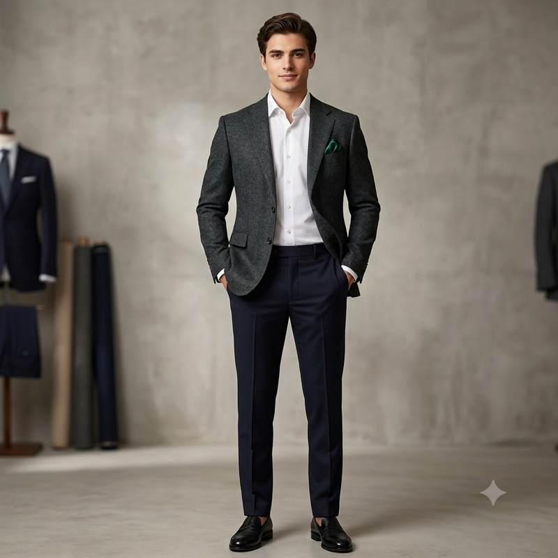 Tweed Blazer Fabric OCM 100% Premium Wool Plain Colour Charc Green