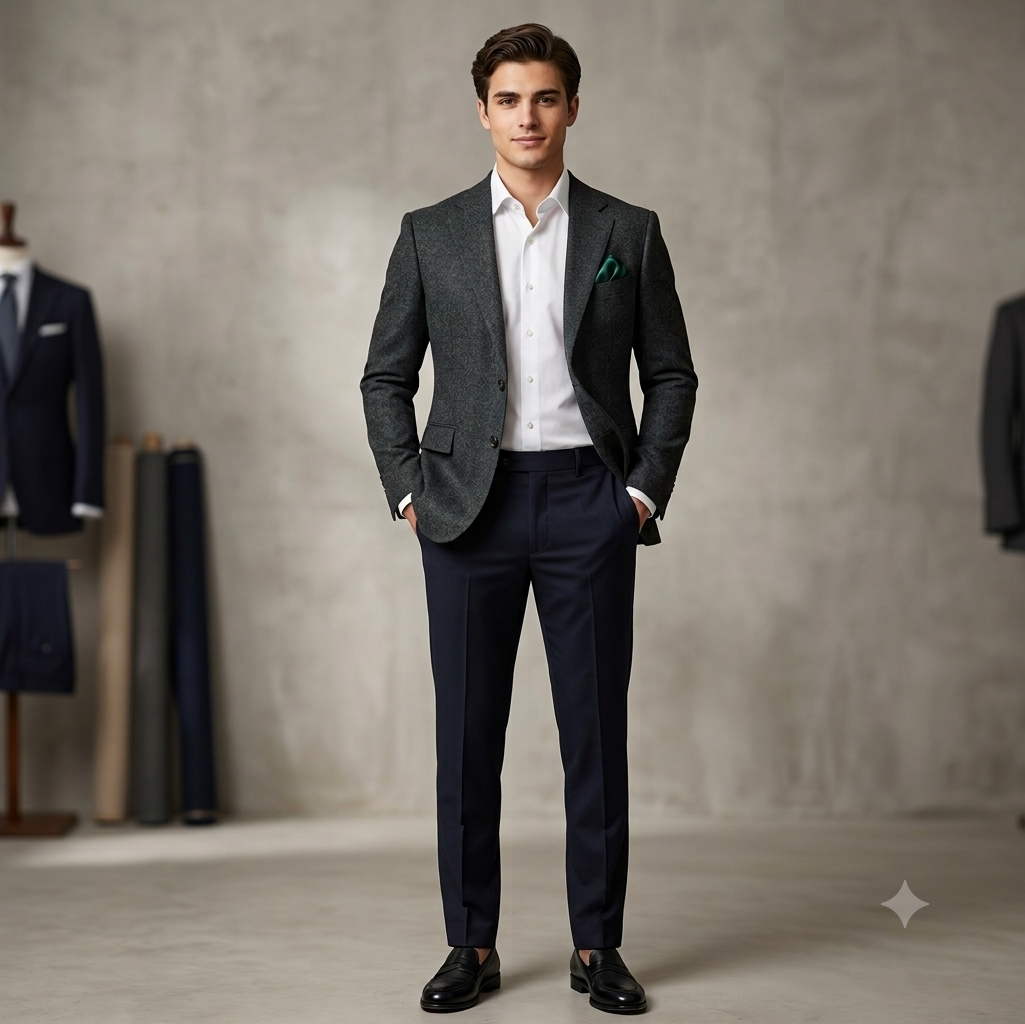 Tweed Blazer Fabric OCM 100% Premium Wool Plain Colour Charc Green