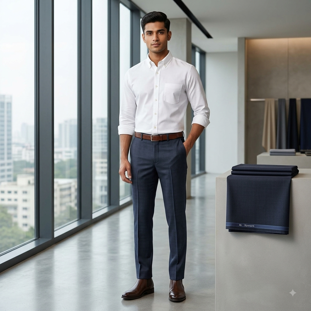 Trouser Fabric Siyaram Poly Viscose Check Colour Dark Blue