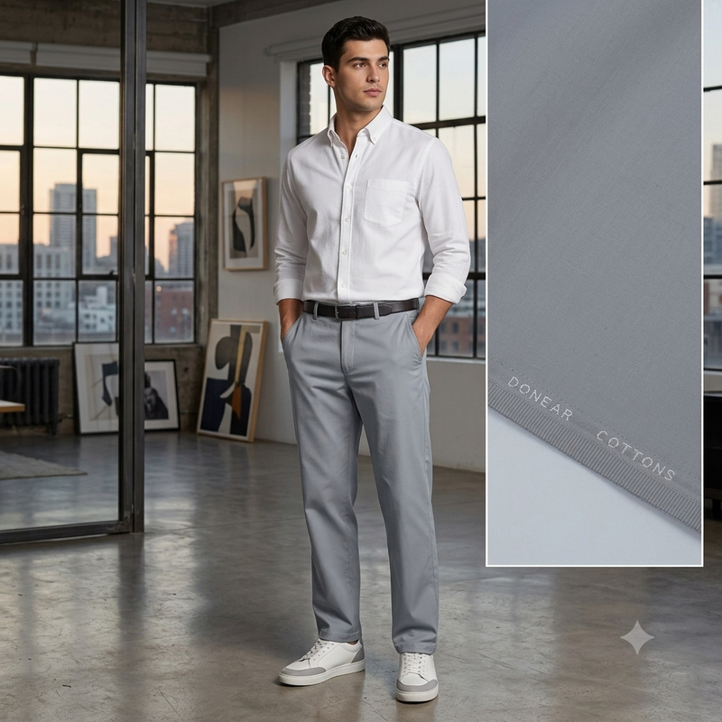 Trouser Fabric Donear Giza Cotton Stretchable Plain Colour Silver