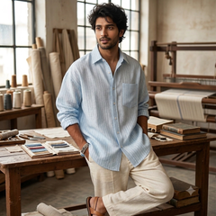 Shirt Fabric Raymond Regio Italia Super 100Lea*100Lea Pure Linen Fine Stripe Colour Water Blue
