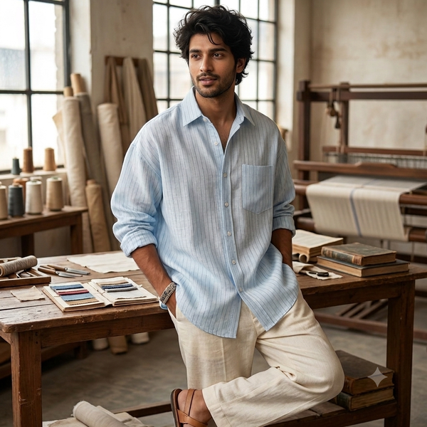 Shirt Fabric Raymond Regio Italia Super 100Lea*100Lea Pure Linen Fine Stripe Colour Water Blue