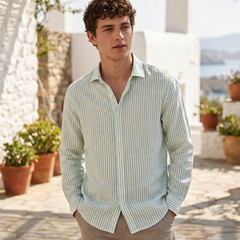 Shirt Fabric Raymond Regio Italia Super 100Lea*100Lea Pure Linen Vertical Lining Colour Sea Green N White