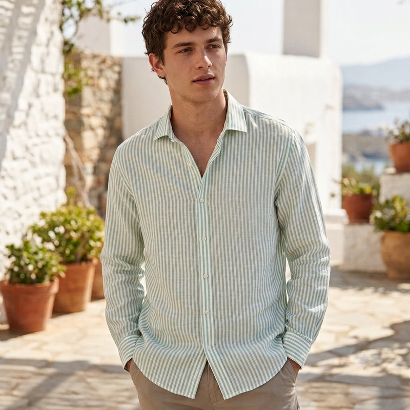 Shirt Fabric Raymond Regio Italia Super 100Lea*100Lea Pure Linen Vertical Lining Colour Sea Green N White