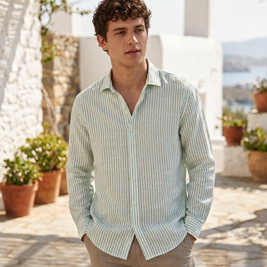 Shirt Fabric Raymond Regio Italia Super 100Lea*100Lea Pure Linen Vertical Lining Colour Sea Green N White