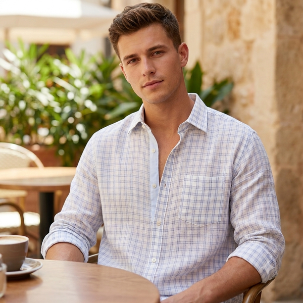 Shirt Fabric Raymond Regio Italia Super 100Lea*100Lea Pure Linen Windowpane Check Colour White N Blue