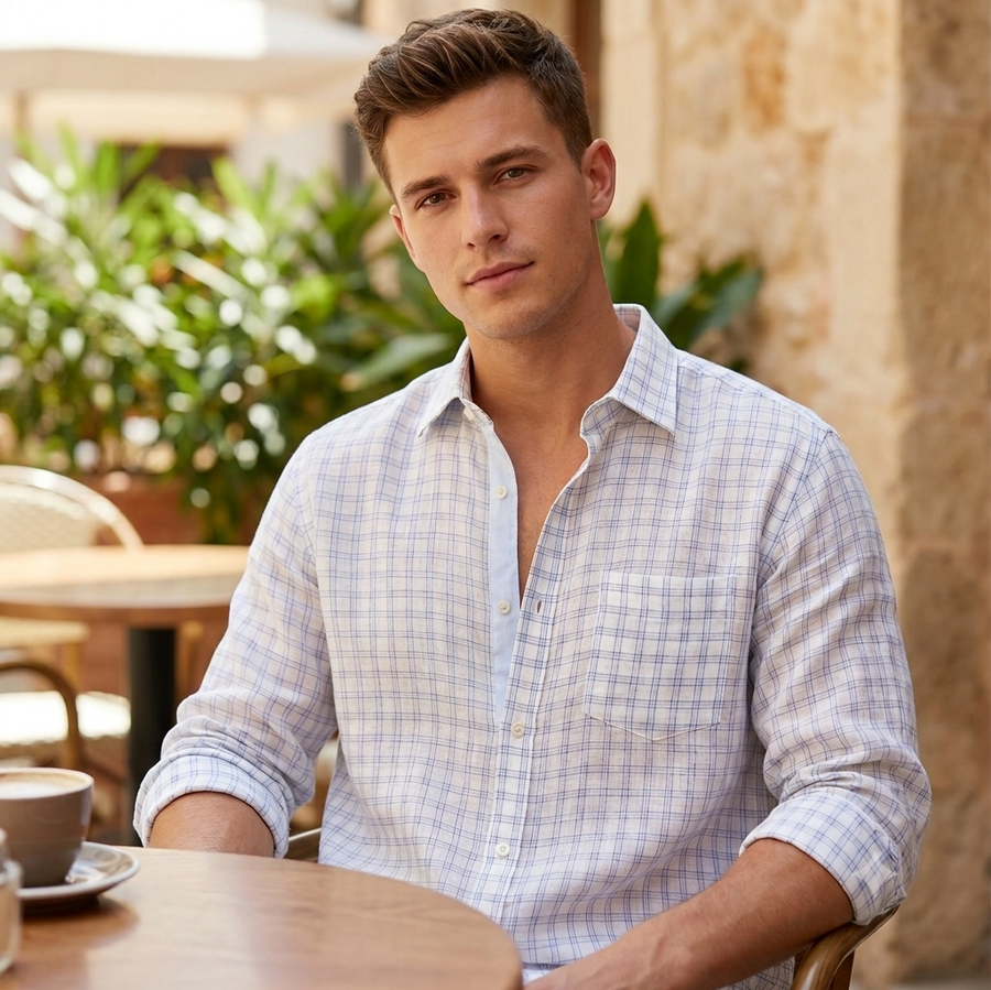 Shirt Fabric Raymond Regio Italia Super 100Lea*100Lea Pure Linen Windowpane Check Colour White N Blue