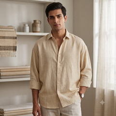 Shirt Fabric Raymond Regio Italia Super 100Lea*100Lea Pure Linen Windowpane Check Colour Natural Brown