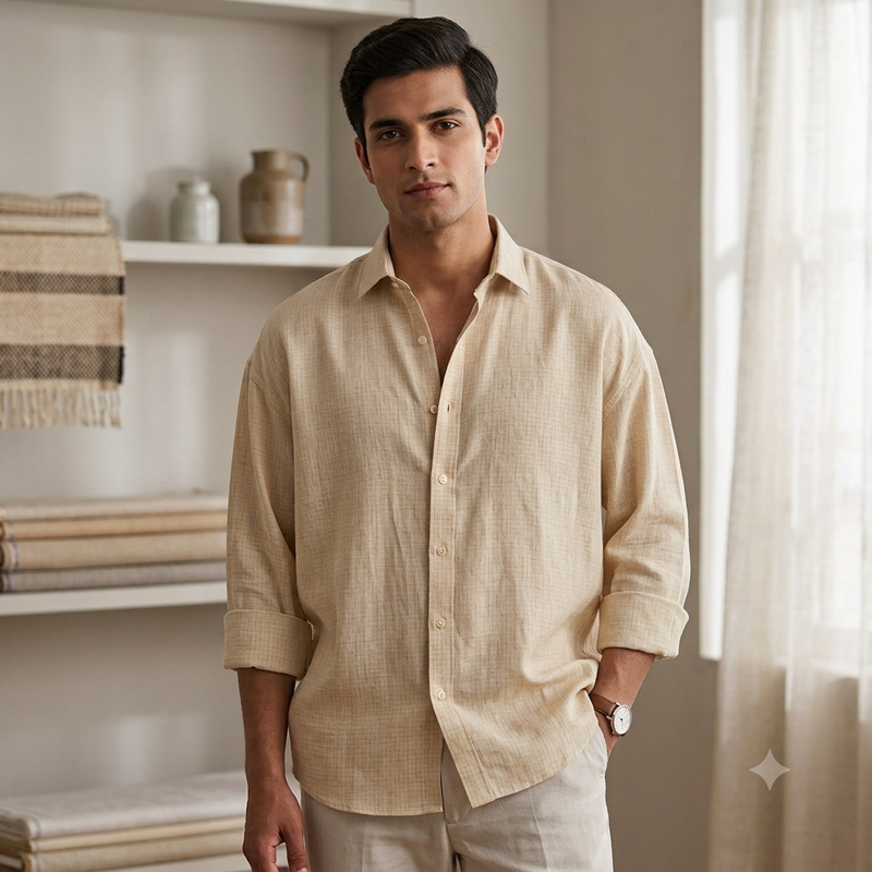 Shirt Fabric Raymond Regio Italia Super 100Lea*100Lea Pure Linen Windowpane Check Colour Natural Brown