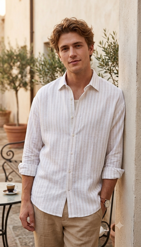 Shirt Fabric Raymond Regio Italia Super 100Lea*100Lea Pure Linen Vertical Lining Colour Brown N Natural White