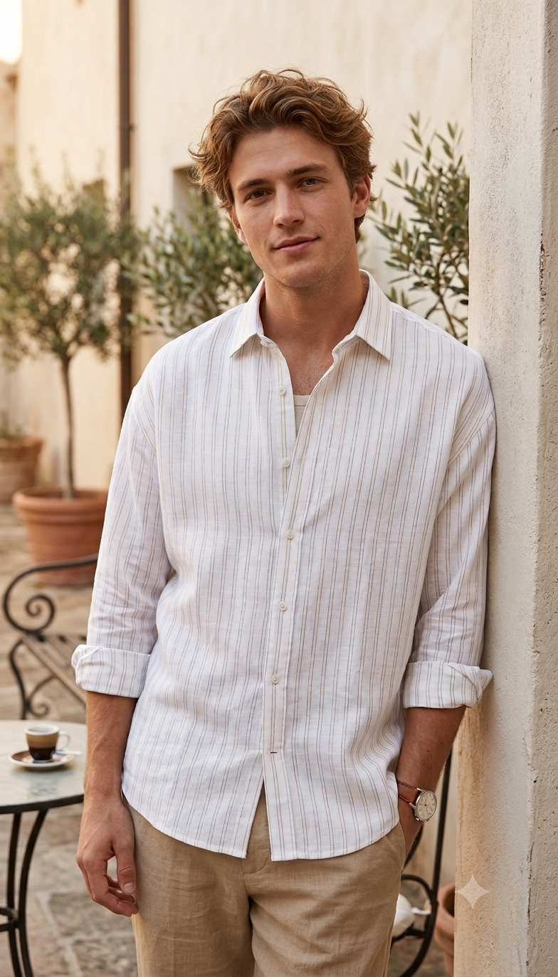 Shirt Fabric Raymond Regio Italia Super 100Lea*100Lea Pure Linen Vertical Lining Colour Brown N Natural White