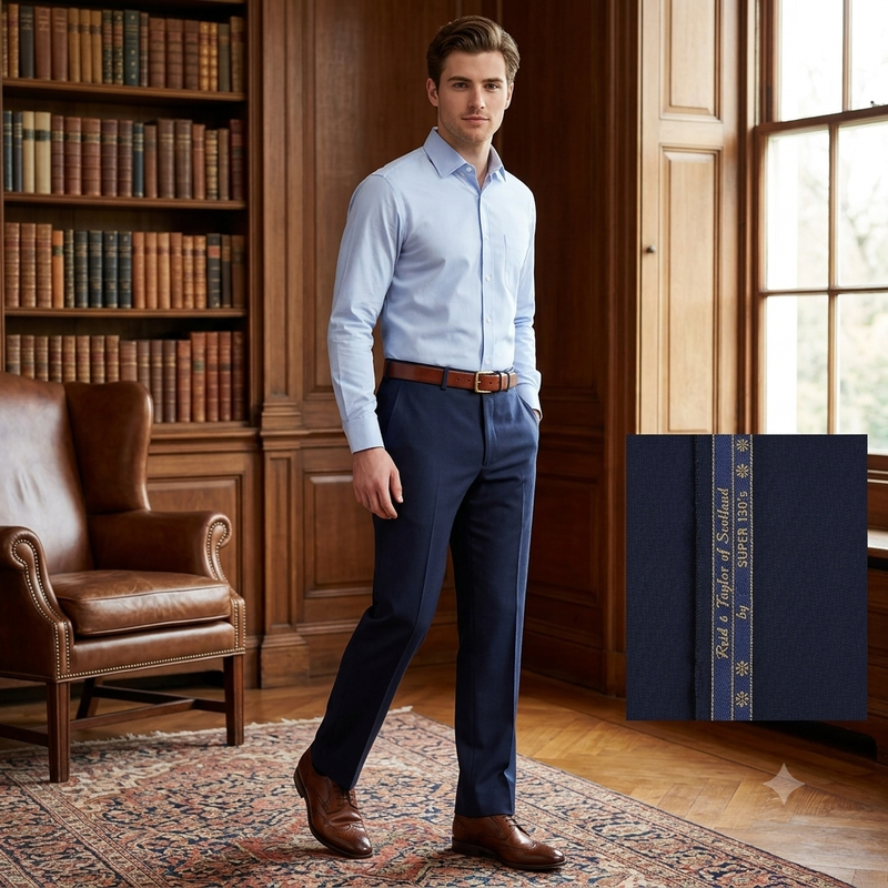 Trouser Fabric Reid & Taylor Super 130s Count 70%Wool Plain Weave Color Midnight Blue