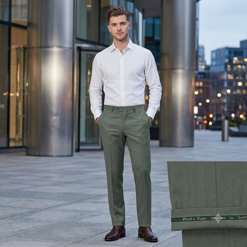 Trouser Fabric Reid & Taylor Super 140s Count 45%Wool Plain Weave Color Swamp Green