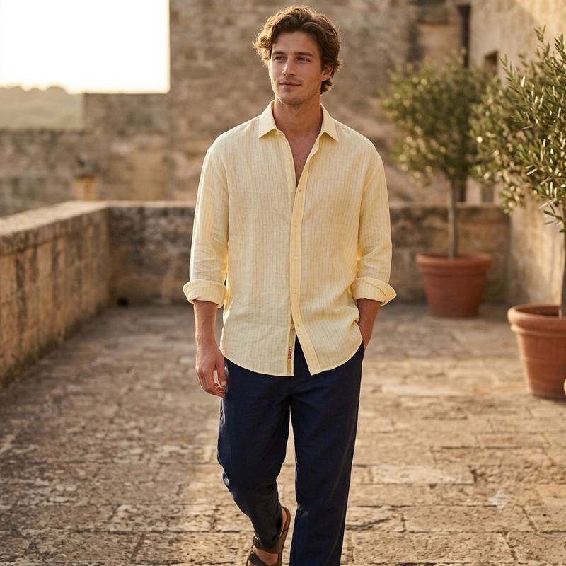Shirt Fabric Raymond 60Lea×60Lea Pure Linen Fine Stripe Colour Pastel Yellow