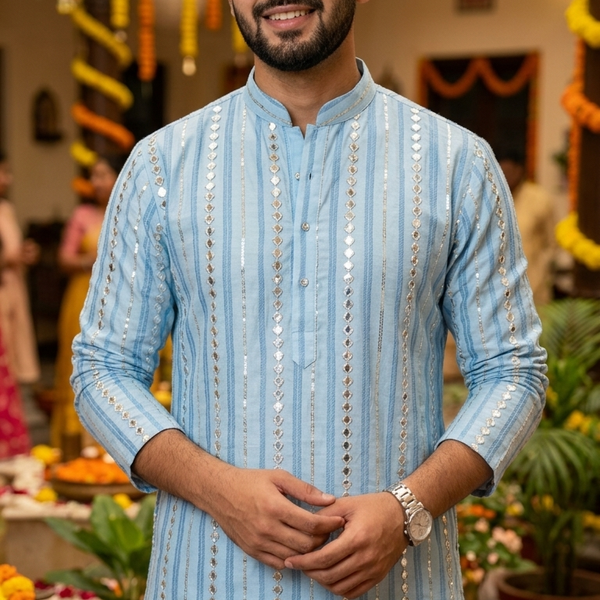 Kurta Fabric ManTire Designer Silk Embroidery Colour Blue