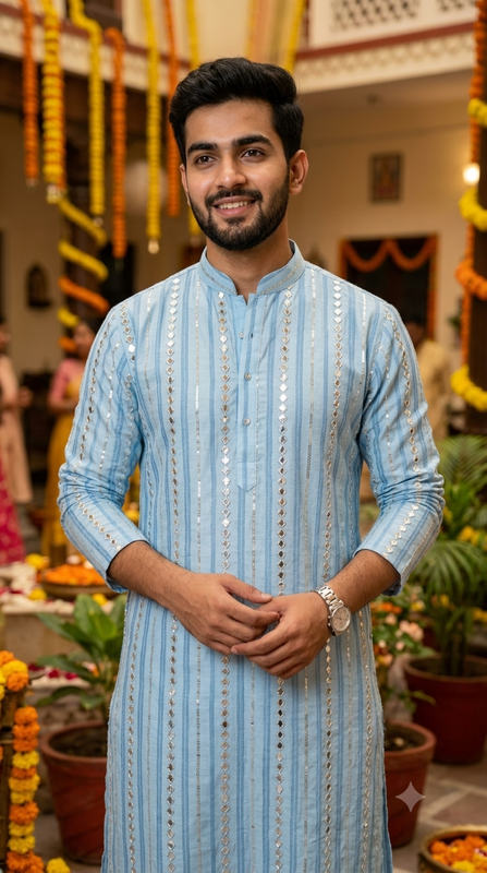Kurta Fabric ManTire Designer Silk Embroidery Colour Blue