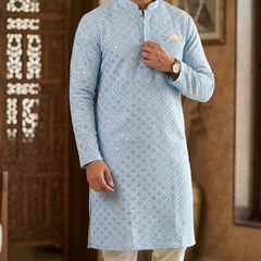 Kurta Fabric ManTire Designer Silk Ira Jaal Embroidery Colour Powder Blue