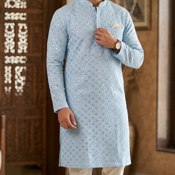 Kurta Fabric ManTire Designer Silk Ira Jaal Embroidery Colour Powder Blue
