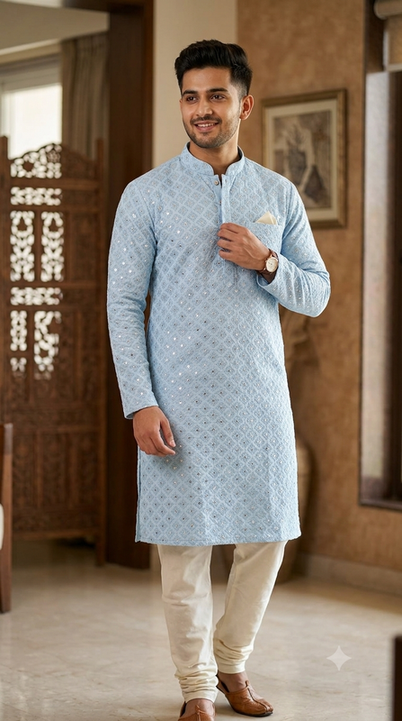 Kurta Fabric ManTire Designer Silk Ira Jaal Embroidery Colour Powder Blue