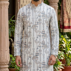Kurta Fabric ManTire Designer Silk Rajasthani Royal Procession Embroidery Colour Off White N Grey