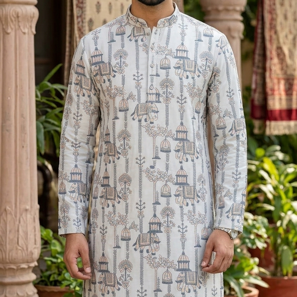 Kurta Fabric ManTire Designer Silk Rajasthani Royal Procession Embroidery Colour Off White N Grey