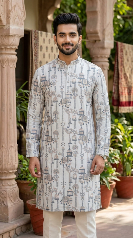 Kurta Fabric ManTire Designer Silk Rajasthani Royal Procession Embroidery Colour Off White N Grey