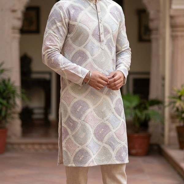 Kurta Fabric ManTire Designer Silk Concentric Geometric Ogee Embroidery Colour Blush Pink, Dusty Mauve N Powder Blue