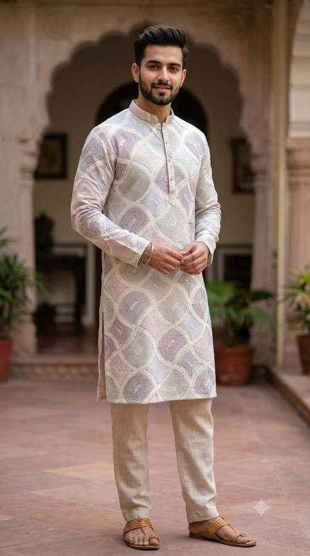 Kurta Fabric ManTire Designer Silk Concentric Geometric Ogee Embroidery Colour Blush Pink, Dusty Mauve N Powder Blue