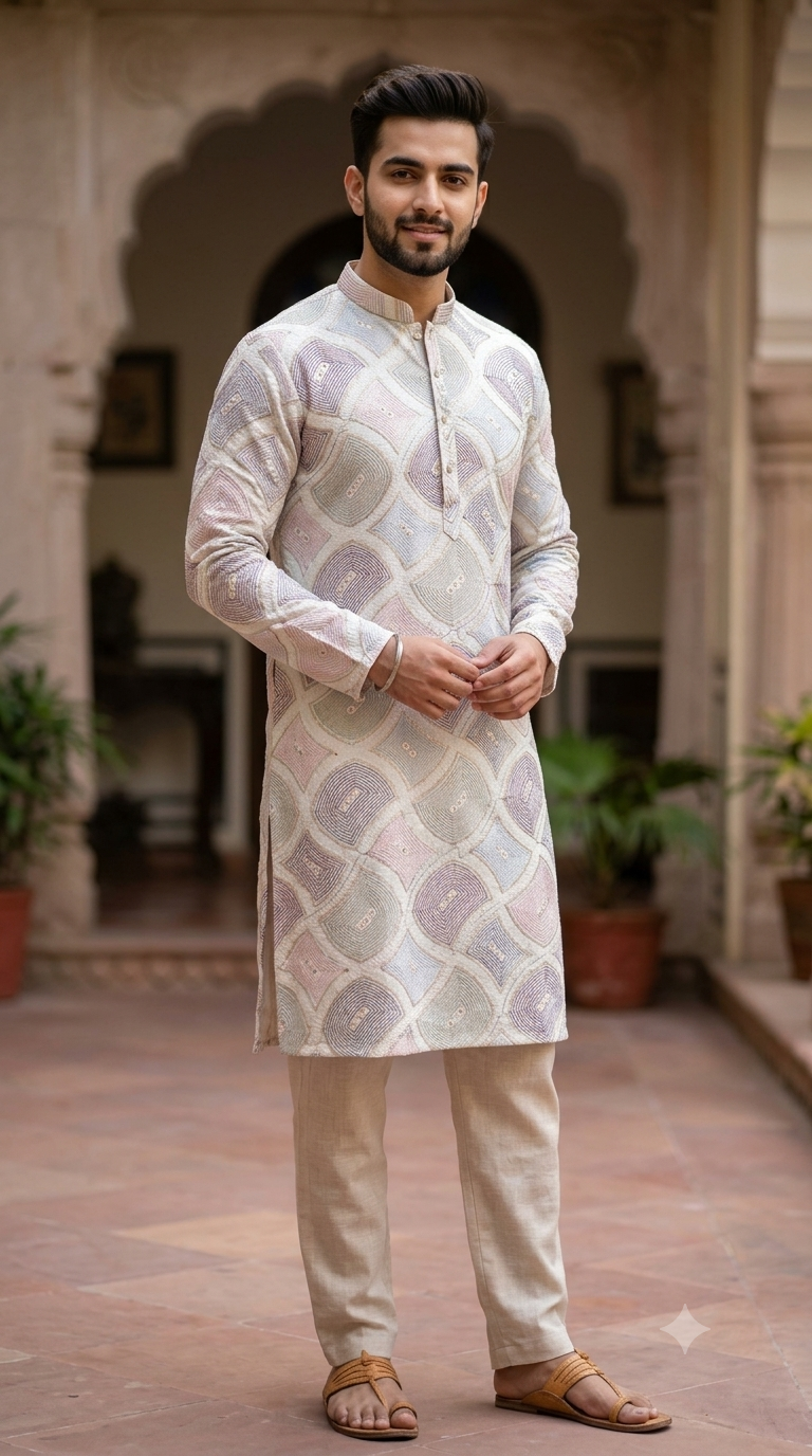 Kurta Fabric ManTire Designer Silk Concentric Geometric Ogee Embroidery Colour Blush Pink, Dusty Mauve N Powder Blue