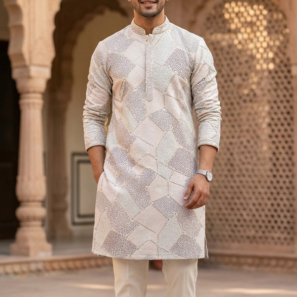 Kurta Fabric ManTire Designer Silk vermicelli patchwork Embroidery Colour Mint Green N Blush Pink
