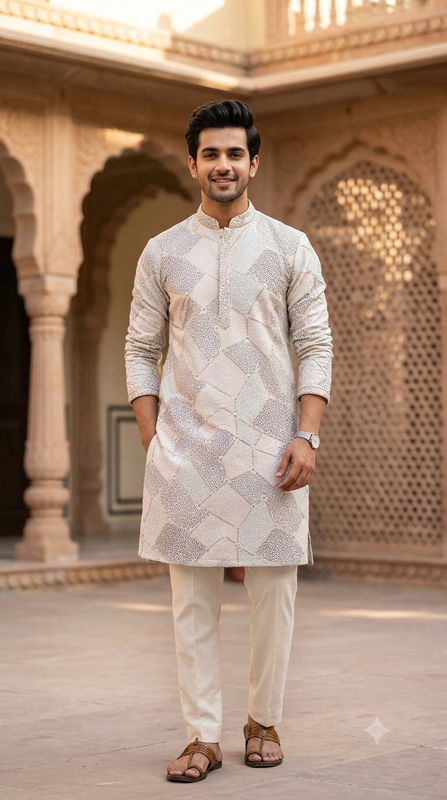 Kurta Fabric ManTire Designer Silk vermicelli patchwork Embroidery Colour Mint Green N Blush Pink